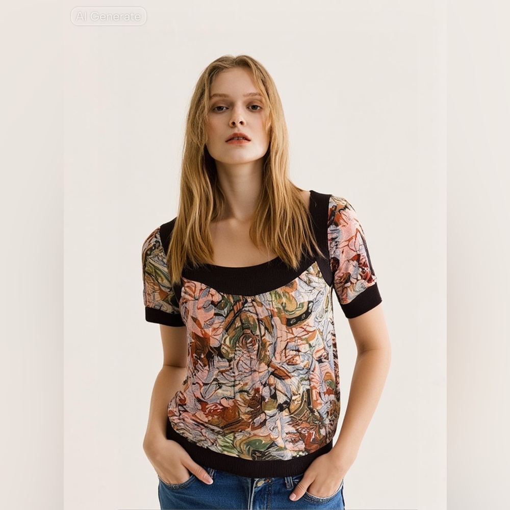 Y2K Daytrip Burnout Knit Babydoll Top Keyhole Back Abstract Print Brown S